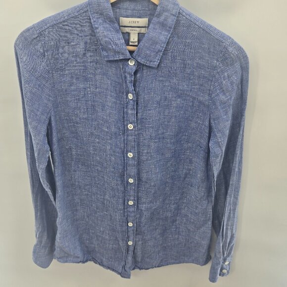 J. Crew Perfect Blue 100% Linen Button Down Long Sleeved Shirt Size 0 - Picture 1 of 10